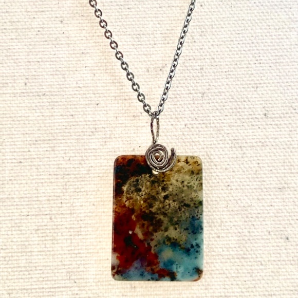 Natural Stone or Fossilized Plant Life Pendant w/ Stainless Steel Detail & Chain - Picture 2 of 9